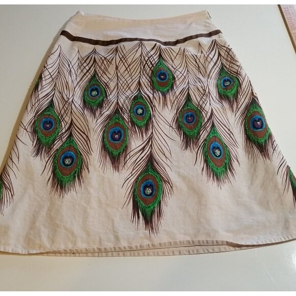 Bamboo Traders Women's Skirt Size 4P Beaded Peacock Feathers Cotton Lined A line - Picture 5 of 12